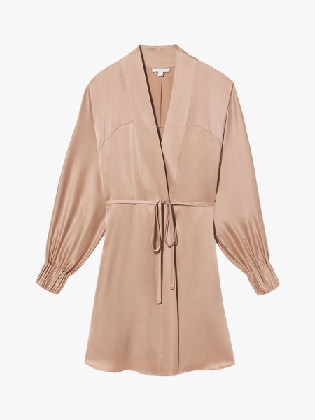 Lunya Washable Silk Robe pinky tan silk robe on light gray background