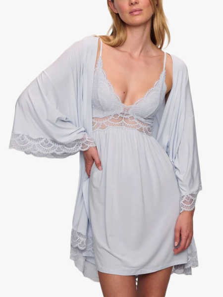 Eberjey Mariana Lace Trim Jersey Robe in branded component on a light gray background