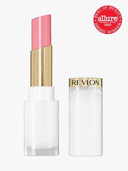 Revlon Super Lustrous Glass Shine Balm in branded component on a light gray background with best of beauty seal in the top right corner